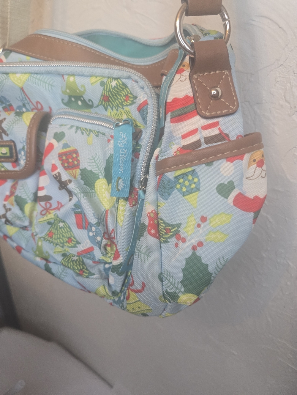 Lily Bloom Christmas Crossbody Bag Holiday Print Multi Pocket Blue Vegan Leather - Picture 3 of 7